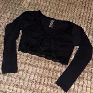 Anthropologie Black Lace Crop Blouse w Key Hole front